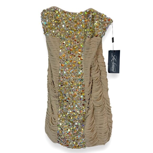 La Femme Strapless Beaded Cocktail Dress Nude Gold Ruched Mini Y2K 8 - Picture 3 of 10